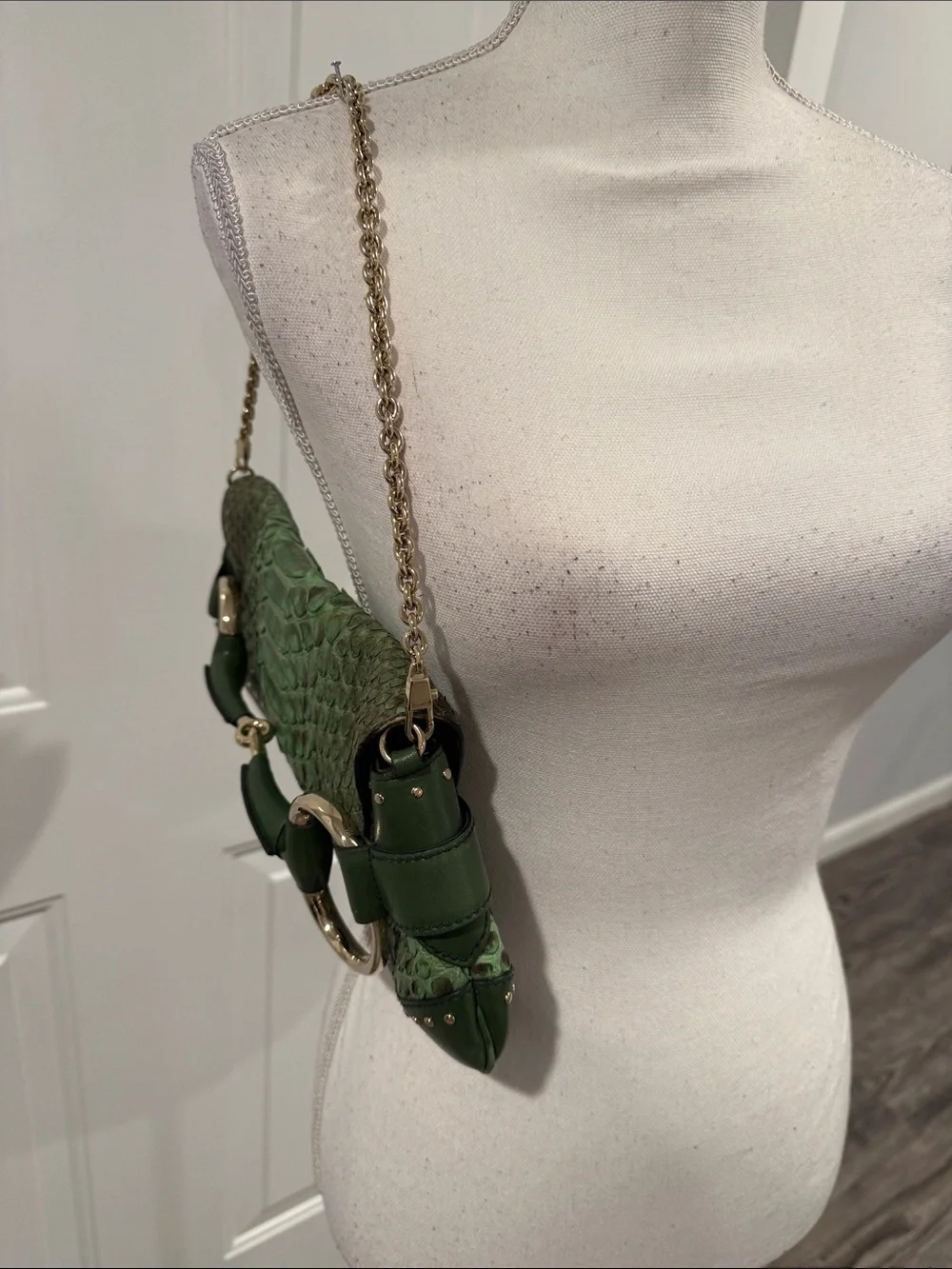 Tom Ford for Gucci 2004 Green Python Horsebit Chain Clutch Shoulder Bag Rare